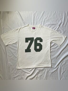 Vintage White V-Neck Shirt with Green '76' Graphic Clean 100% Cotton